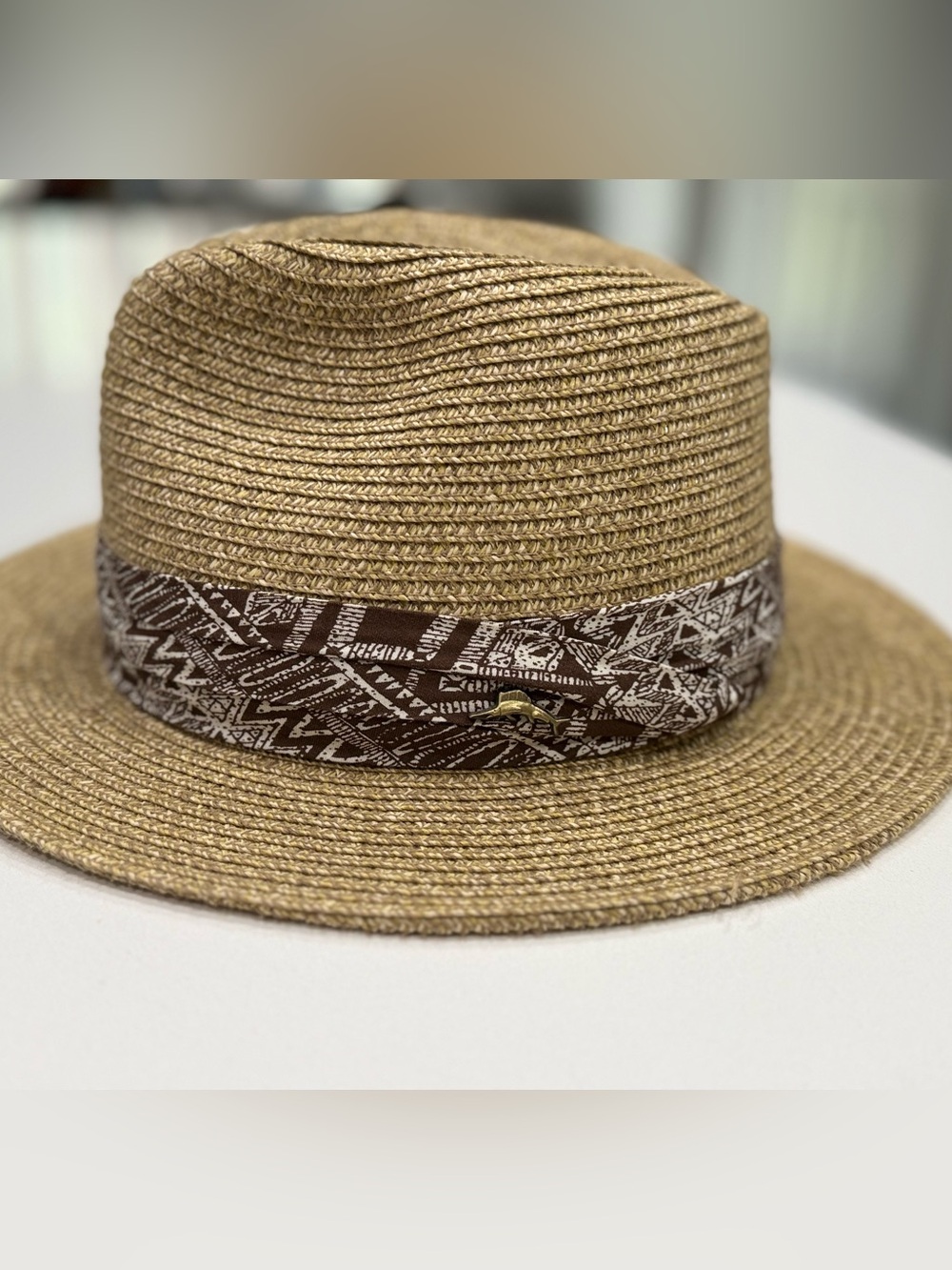 Tommy Bahama Unisex Wide Brim Panama Hat Geometric Band Beige/Brown M/L